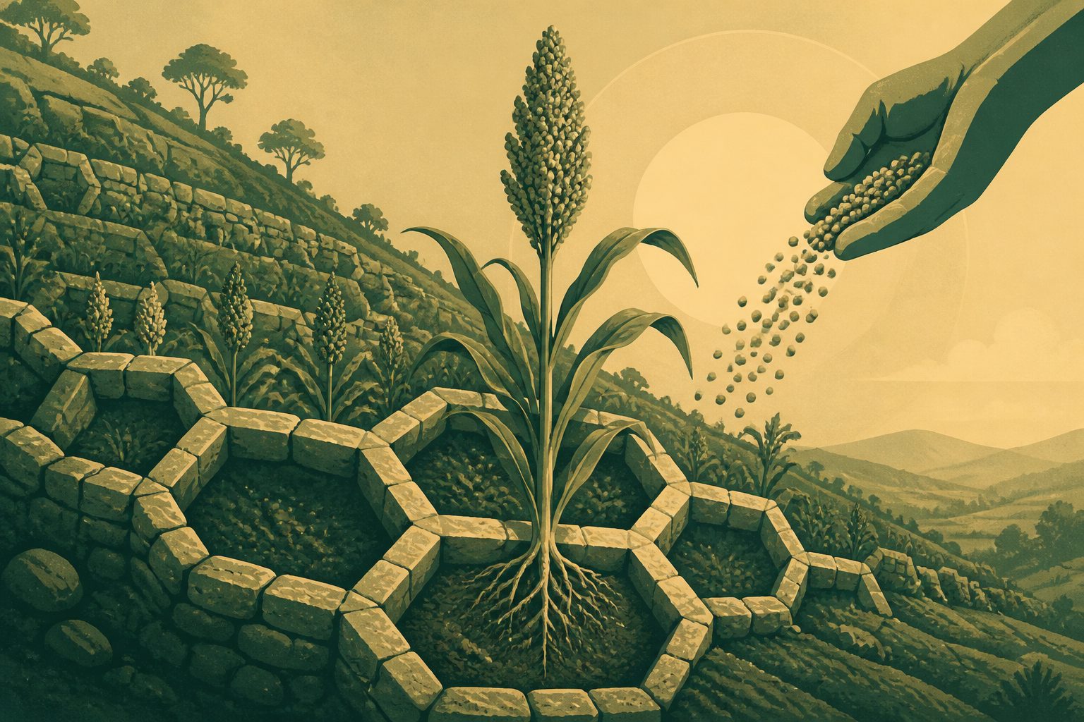 Abstract editorial illustration accompanying the article: Stone honeycombs and small fertilizer doses boosted sorghum on Benin hillsides