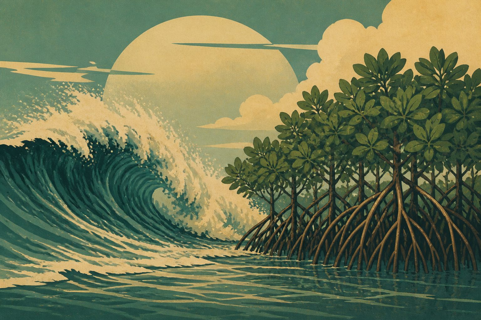 Abstract editorial illustration accompanying the article: Naturally regrowing mangroves endured strong waves on Vietnam’s eroding coast