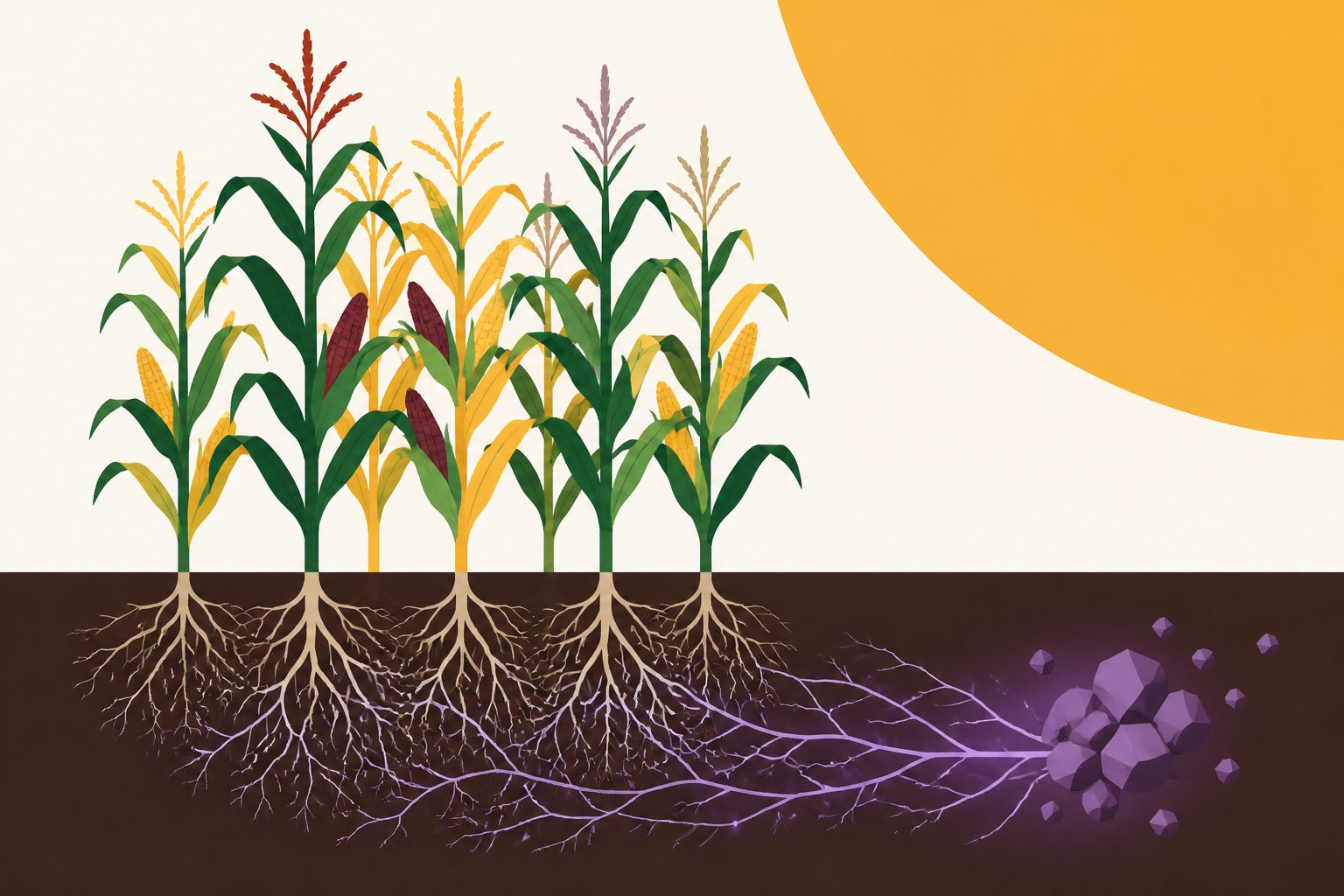 Abstract editorial illustration accompanying the article: Mixed maize varieties grew more and captured more phosphorus with soil fungi