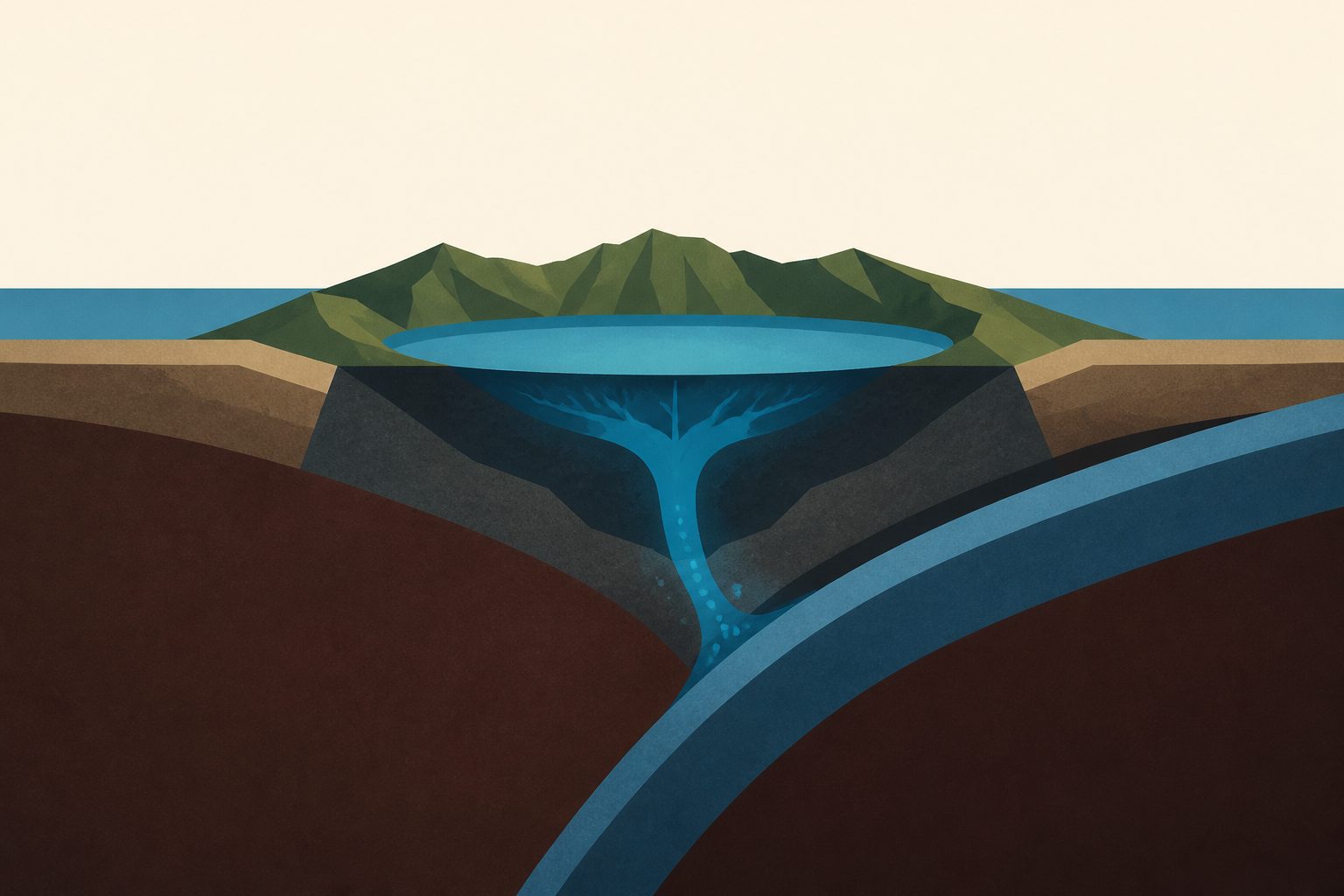 Abstract editorial illustration accompanying the article: Volcanic water beneath Japan’s Kussharo Caldera traces back to a sinking ocean plate
