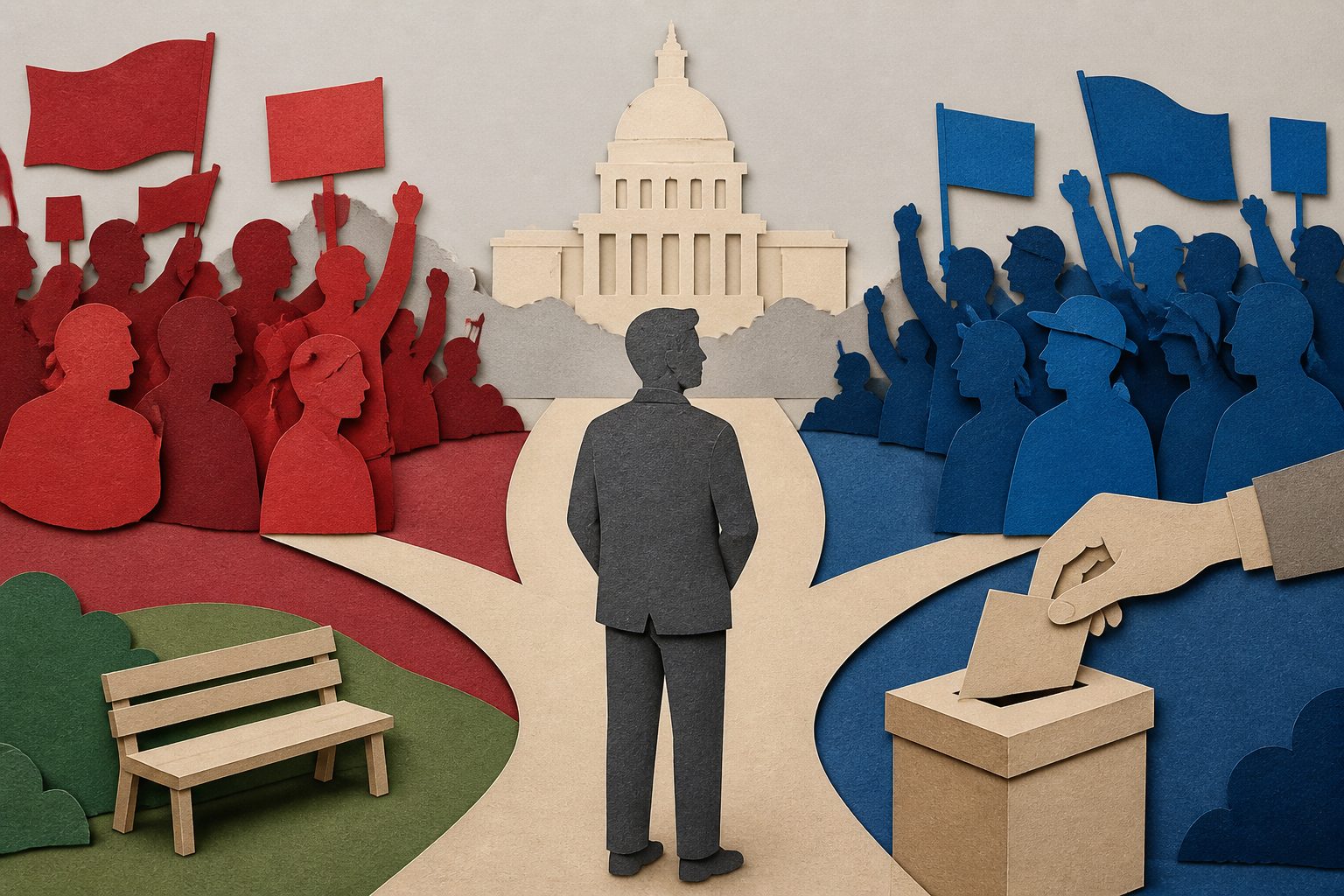 Abstract editorial illustration accompanying the article: Americans who feel little for either party differ in how they engage with democracy