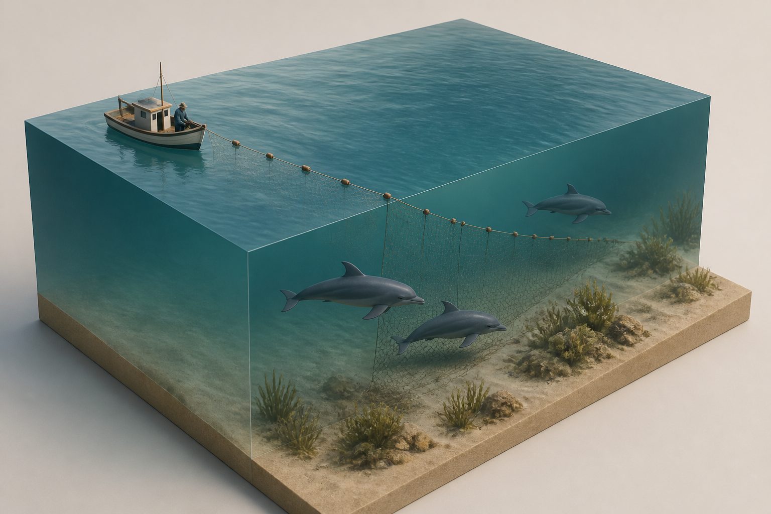 Abstract editorial illustration accompanying the article: Brazilian gillnets overlap most with habitats used by three dolphin species