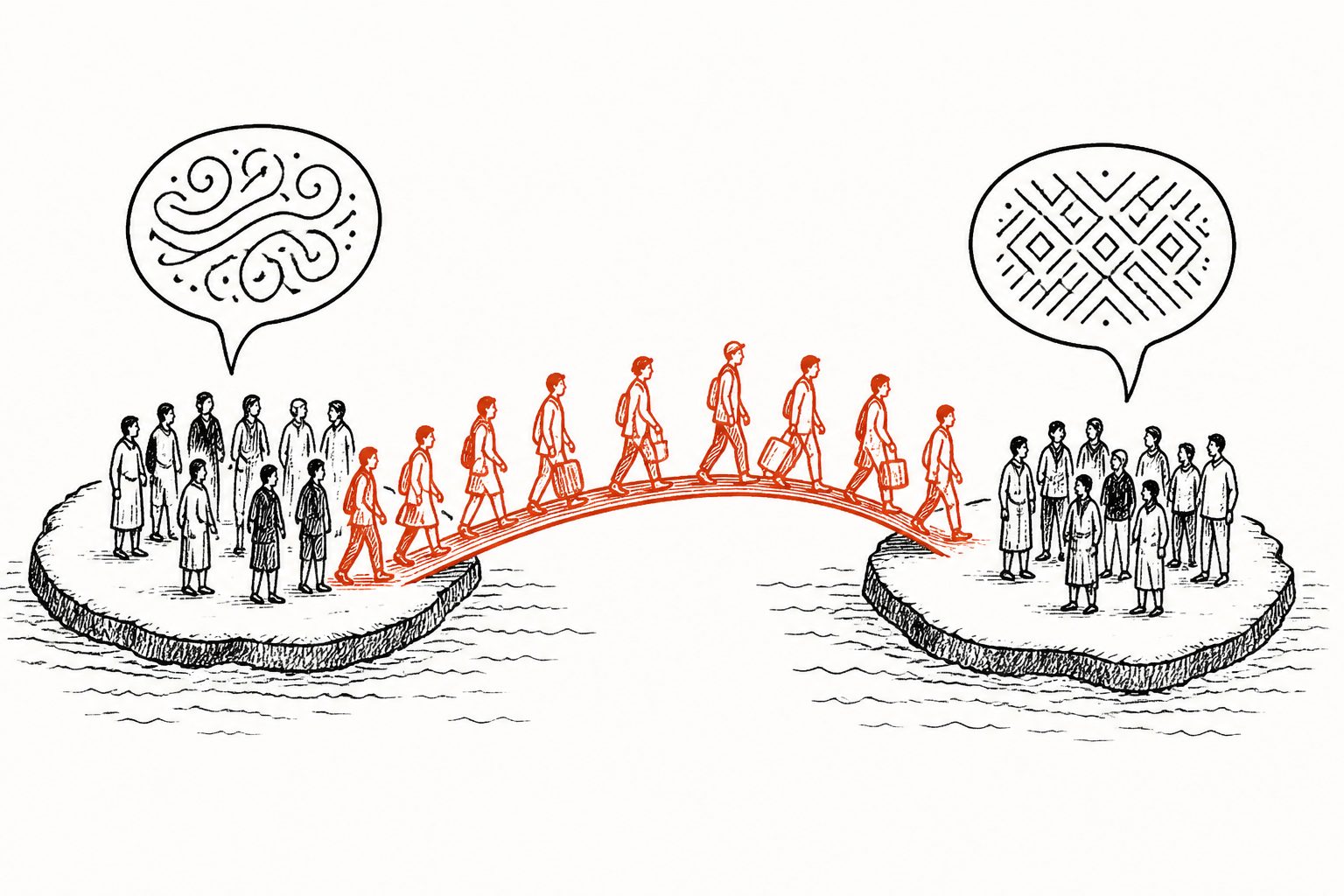 Abstract editorial illustration accompanying the article: Migration does not always make cultures more alike, study finds