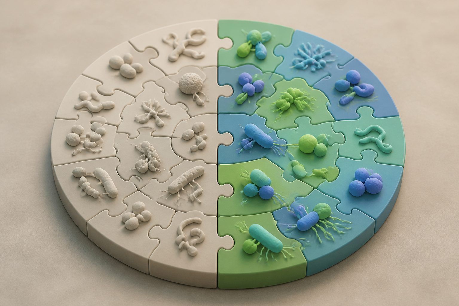 Abstract editorial illustration accompanying the article: A new catalog suggests symbiosis spans half of bacterial and archaeal groups