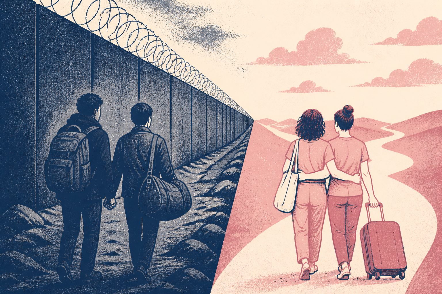 Abstract editorial illustration accompanying the article: Queer couples faced Europe’s borders differently by legal status and class