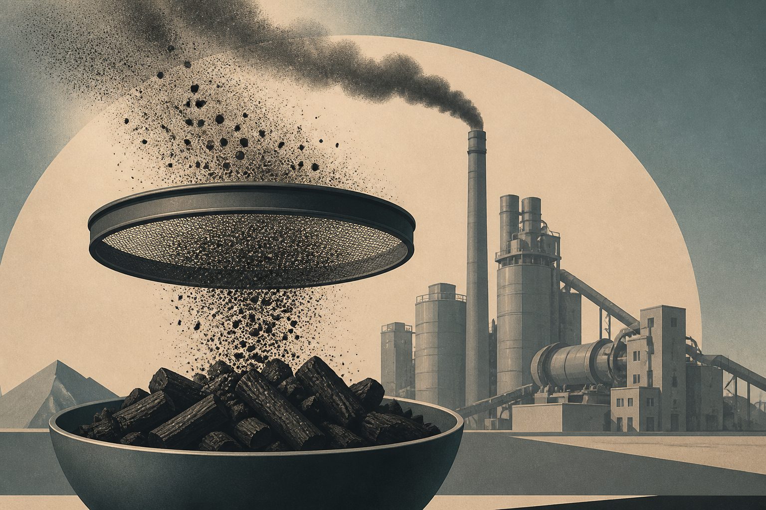 Abstract editorial illustration accompanying the article: Fine-particle levels around cement plants were above the WHO annual guideline