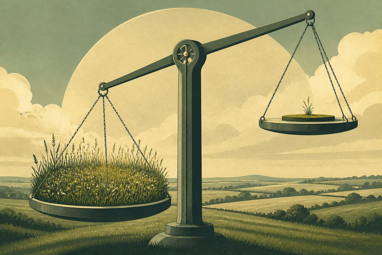 Abstract editorial illustration accompanying the article: England’s biodiversity market favors grassland, but only 2% of land has sold