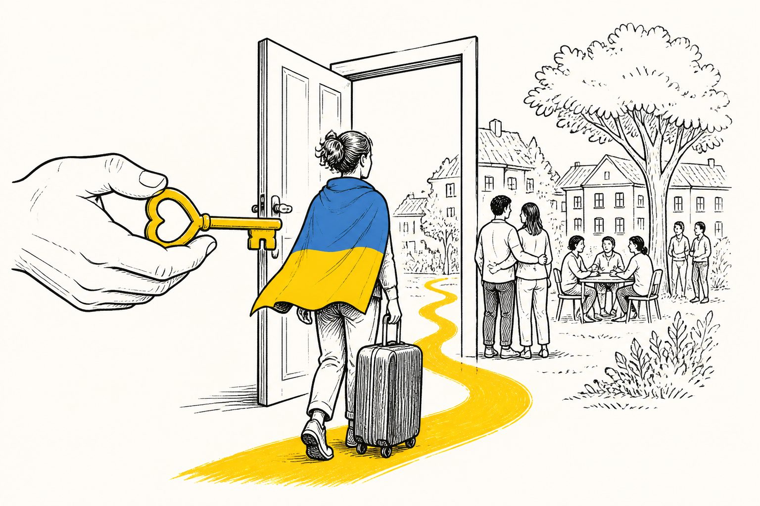 Abstract editorial illustration accompanying the article: For queer Ukrainian refugees, legal recognition shaped long-term settlement