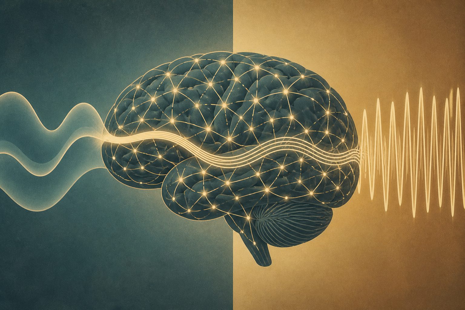 Abstract editorial illustration accompanying the article: Brain wiring helps link fast and slow rhythms in a whole-brain model