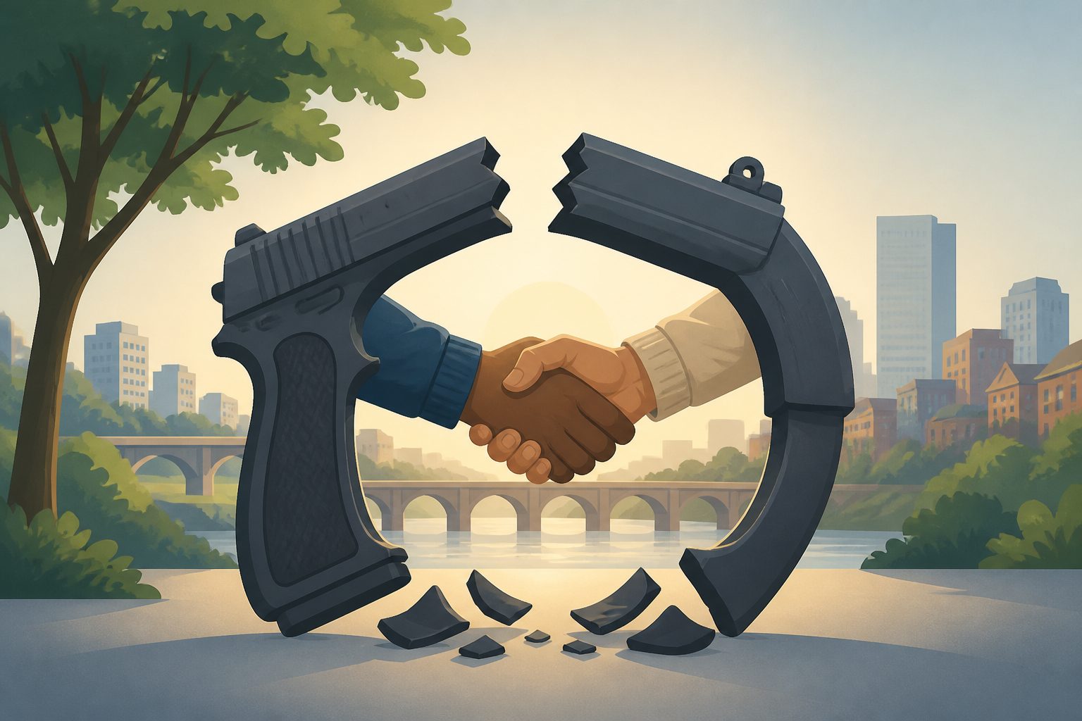 Abstract editorial illustration accompanying the article: Richmond’s Peacemaker program linked to fewer firearm assaults over 14 years