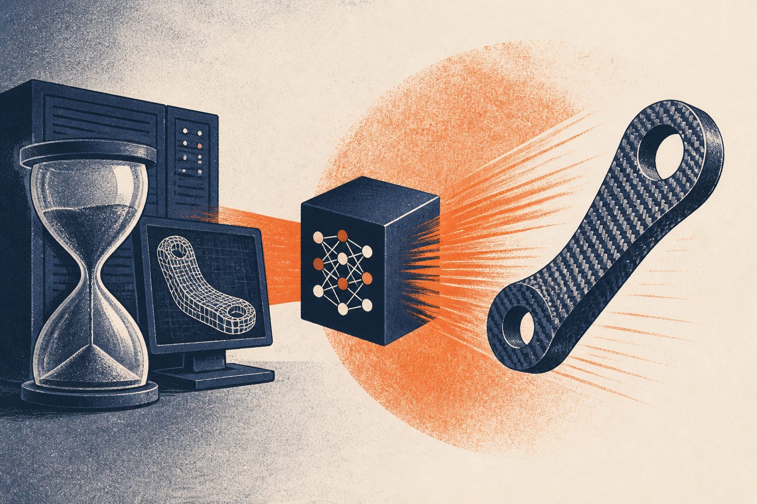 Abstract editorial illustration accompanying the article: A simple AI system cuts some materials simulations from hours to seconds