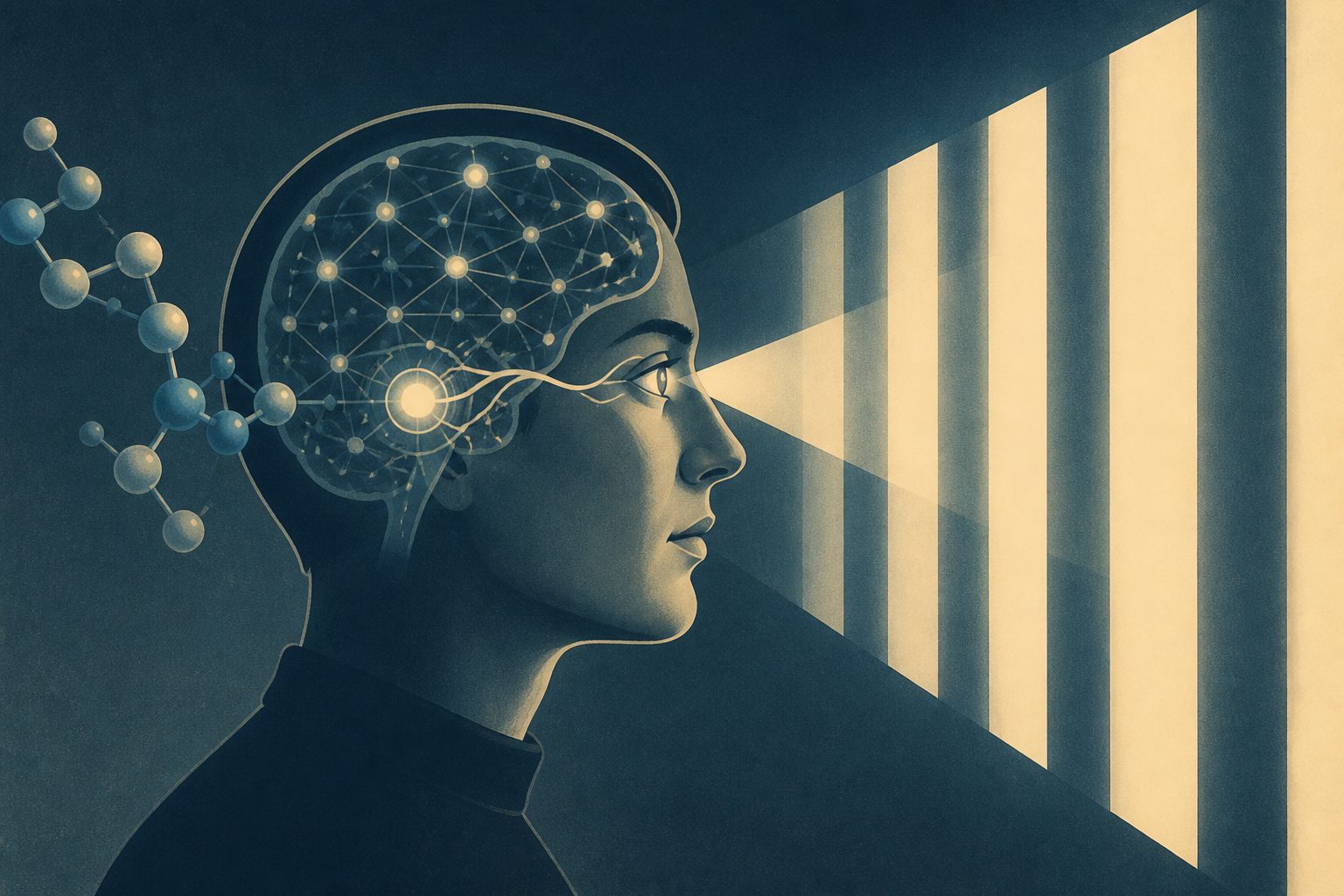 Abstract editorial illustration accompanying the article: Nitrous oxide altered brain networks as people viewed flashing images