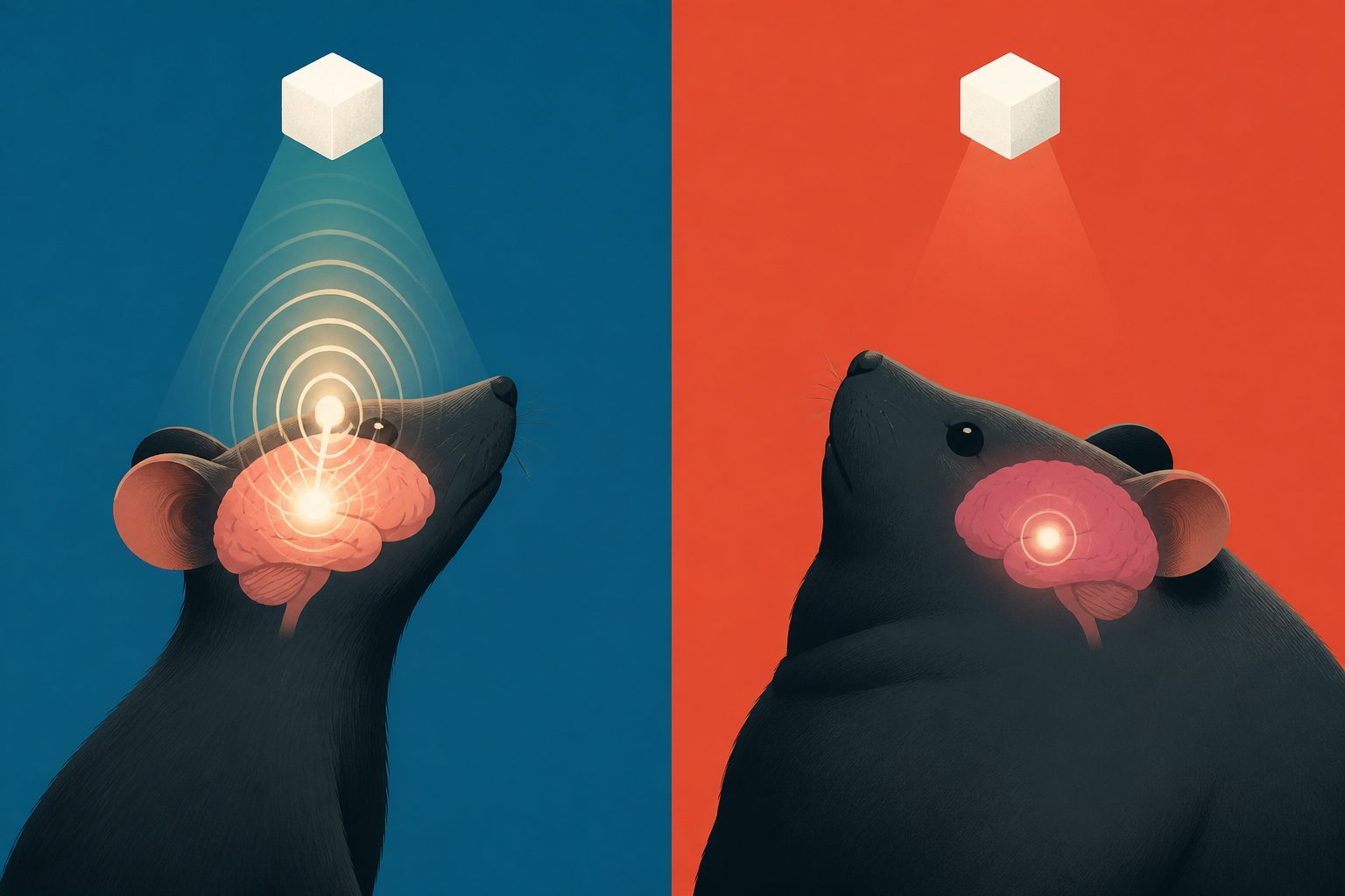 Abstract editorial illustration accompanying the article: In mice, obesity blunted the brain’s response to high blood sugar