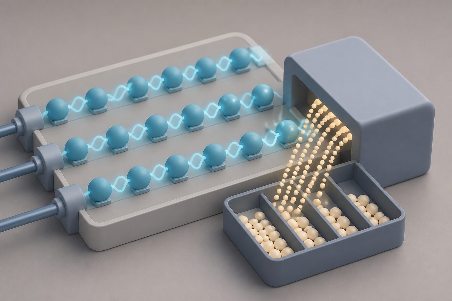 Abstract editorial illustration accompanying the article: Repeating quantum bits could cut readout errors in sampling tests