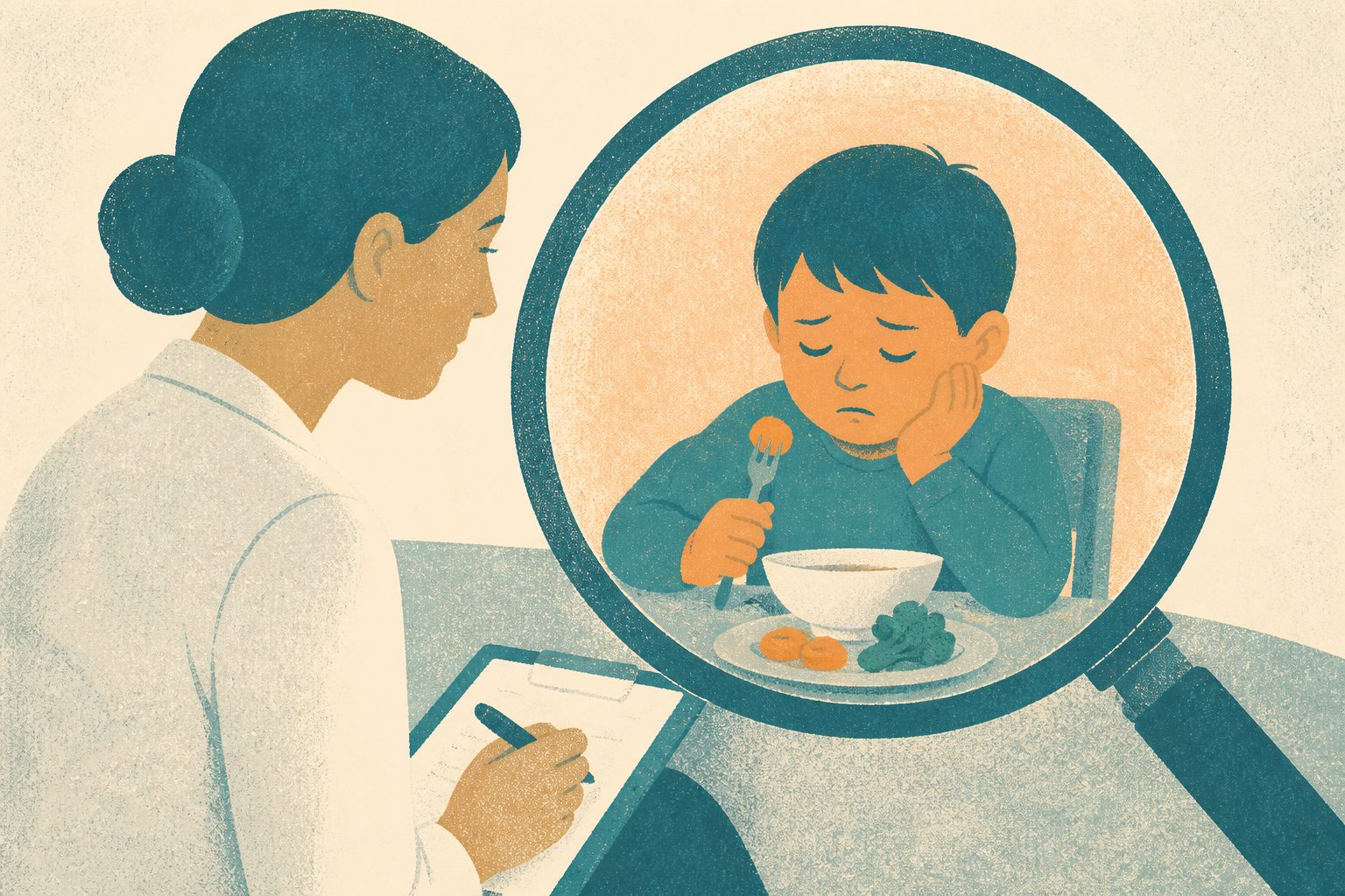 Abstract editorial illustration accompanying the article: Review explains how clinicians identify children with feeding disorders