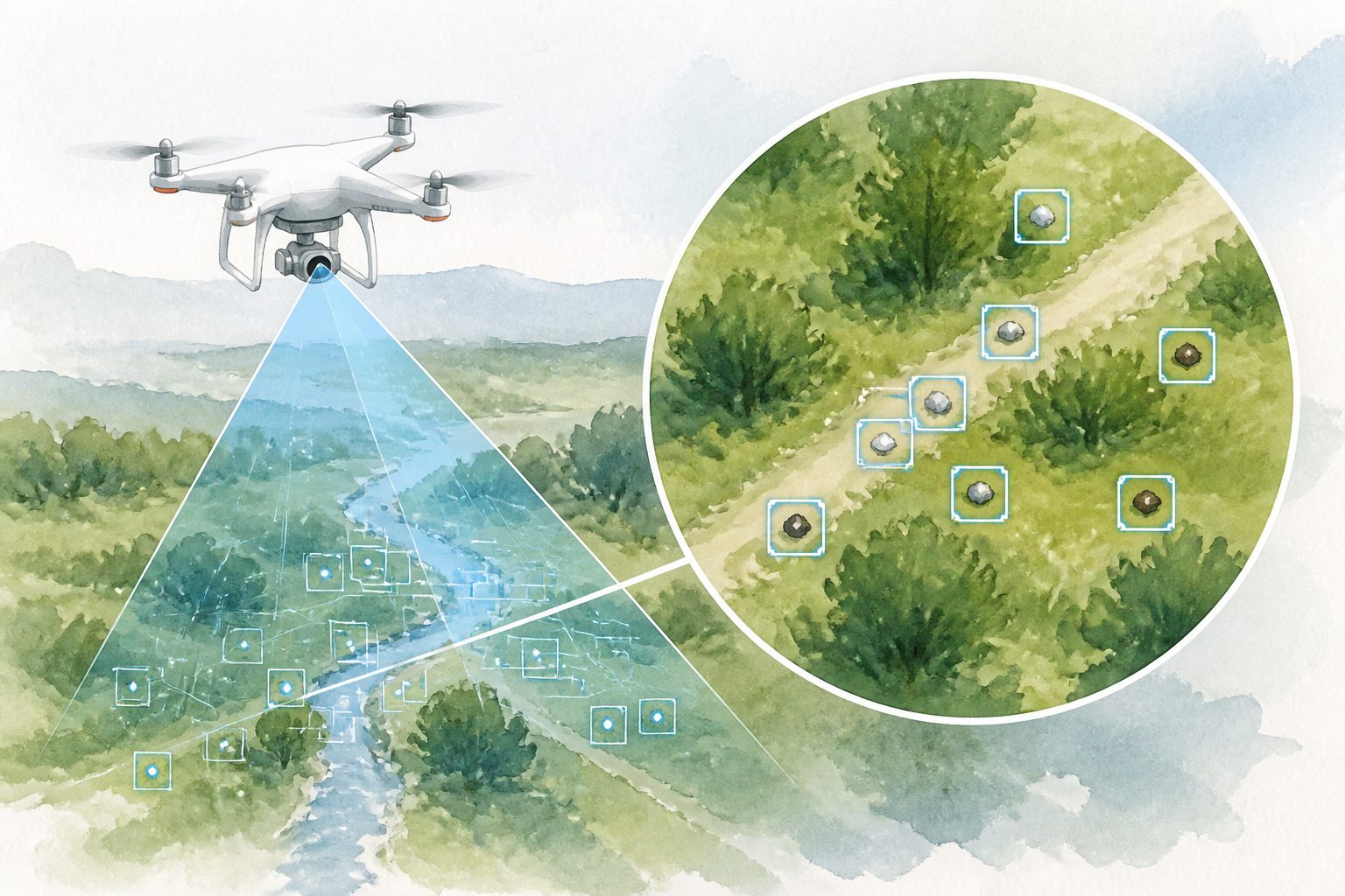 Abstract editorial illustration accompanying the article: A revised AI system spots more small objects in drone images in real time
