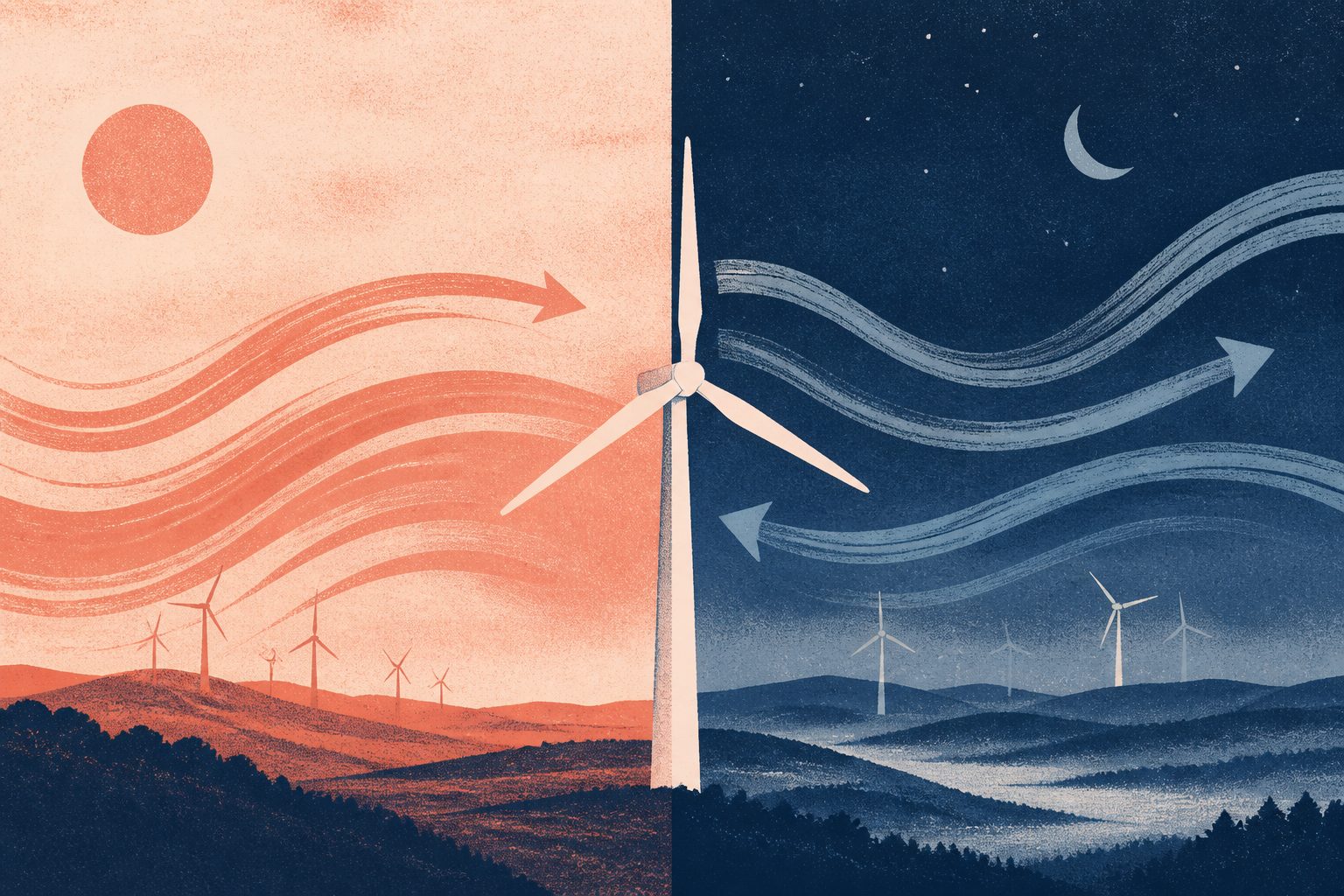 Abstract editorial illustration accompanying the article: Wind farms changed local winds in forecasts, while nighttime temperatures shifted both ways