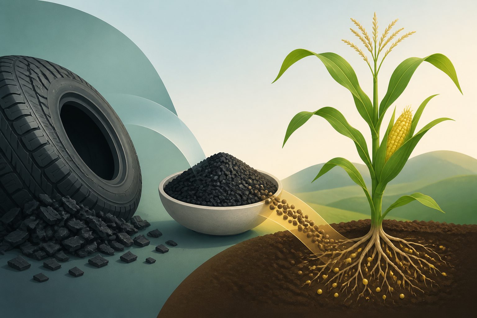 Abstract editorial illustration accompanying the article: Tyre waste captured phosphorus, then fed it to maize as a slow-release fertiliser
