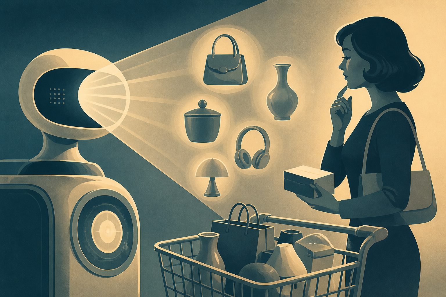 Abstract editorial illustration accompanying the article: AI shopping recommendations were linked to impulse buying and low-need purchases