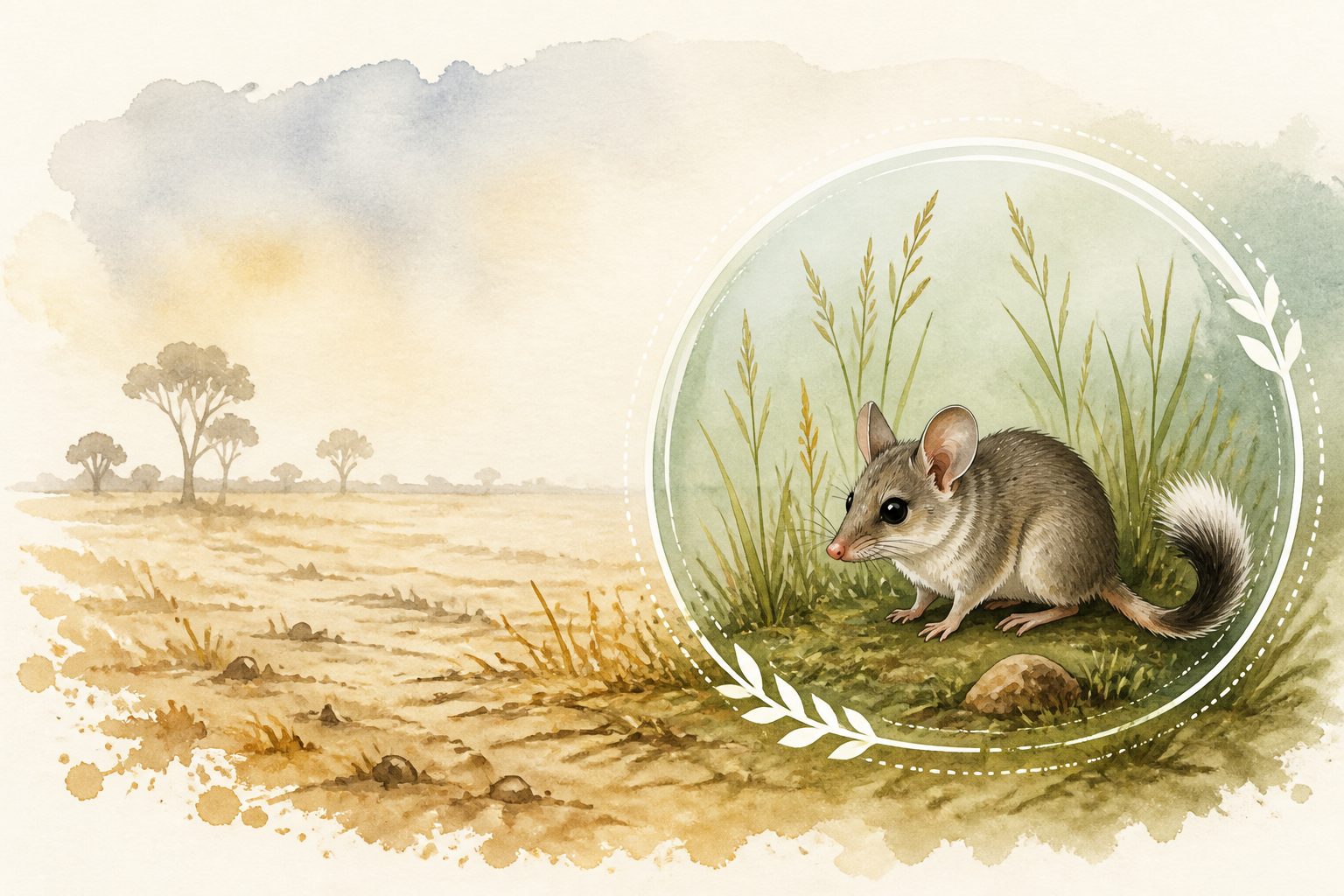 Abstract editorial illustration accompanying the article: Vanishing Victorian grasslands put the fat-tailed dunnart at imminent risk