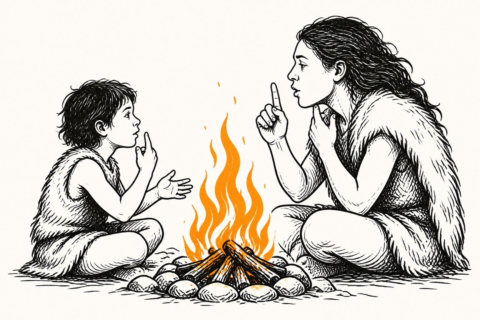 Abstract editorial illustration accompanying the article: How firelight may have helped turn gestures into spoken language
