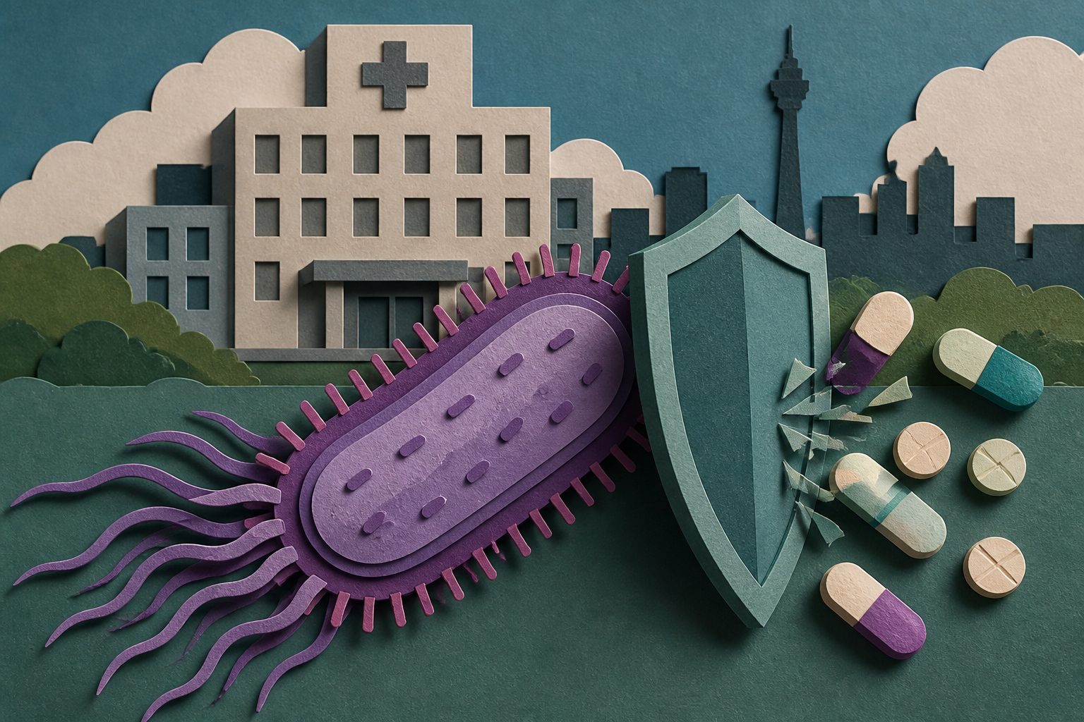 Abstract editorial illustration accompanying the article: Researchers report drug-resistant Klebsiella in Johannesburg hospital patients