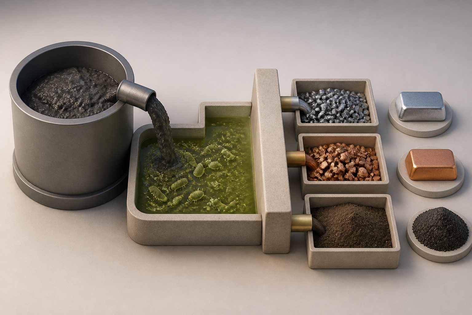 Abstract editorial illustration accompanying the article: Zinc-making sludge yields recoverable metals and a less hazardous iron-rich residue
