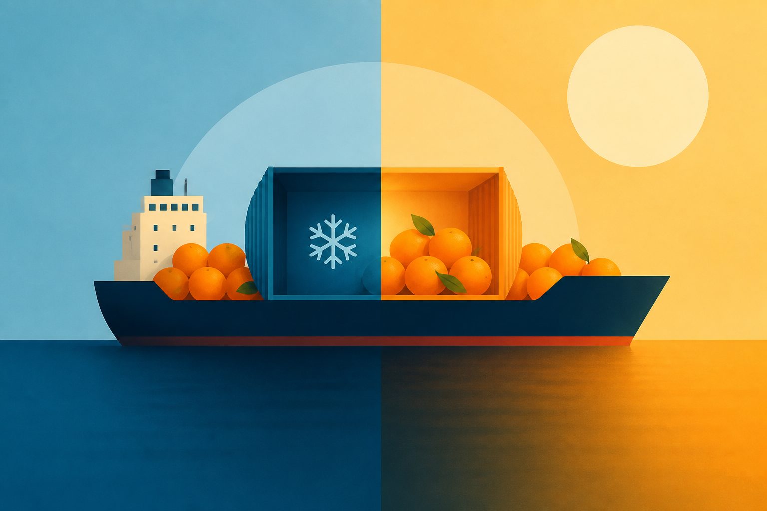Abstract editorial illustration accompanying the article: Warmer shipping may lower the climate impact of citrus, a study finds