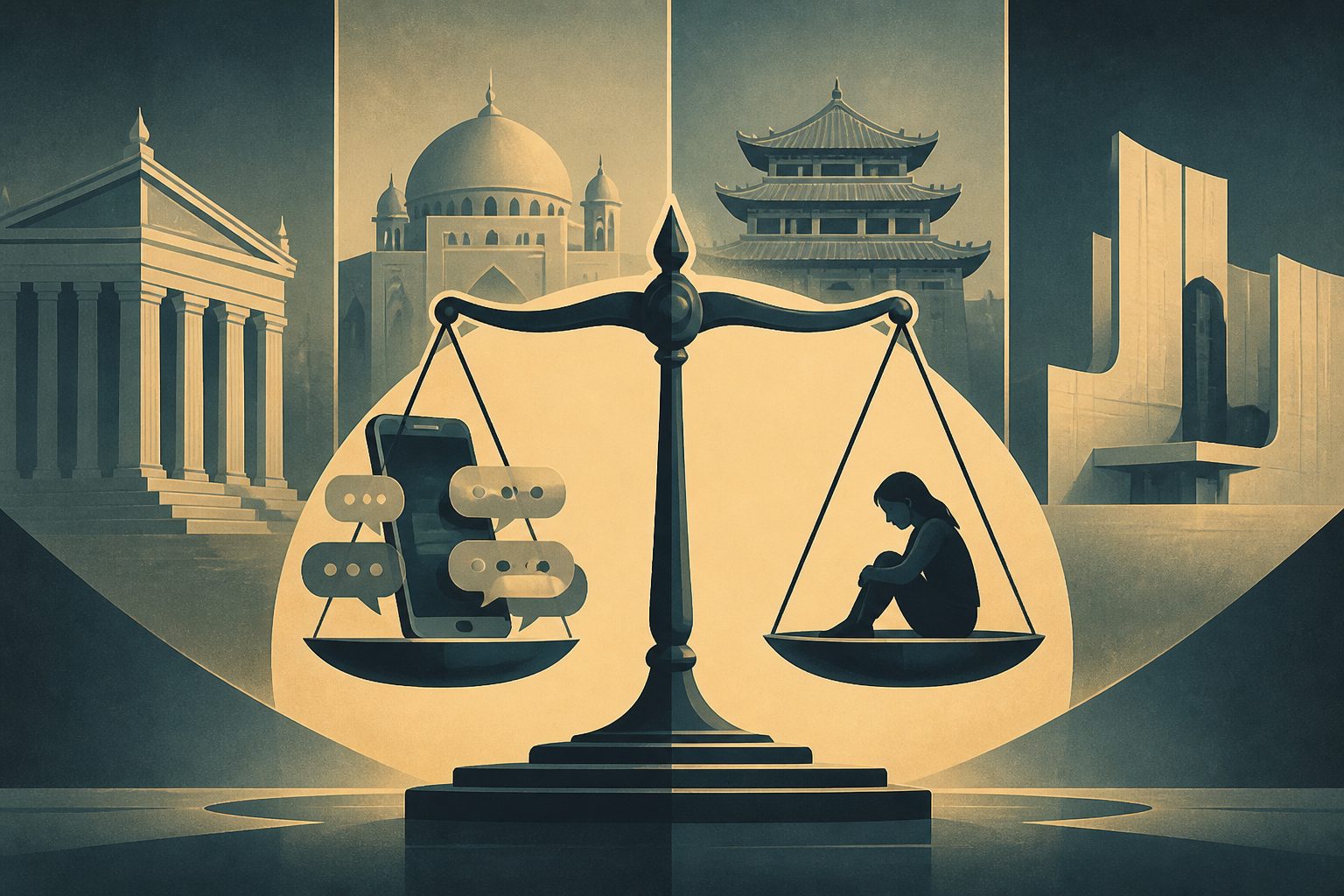 Abstract editorial illustration accompanying the article: How four legal systems weigh online harassment in suicide cases