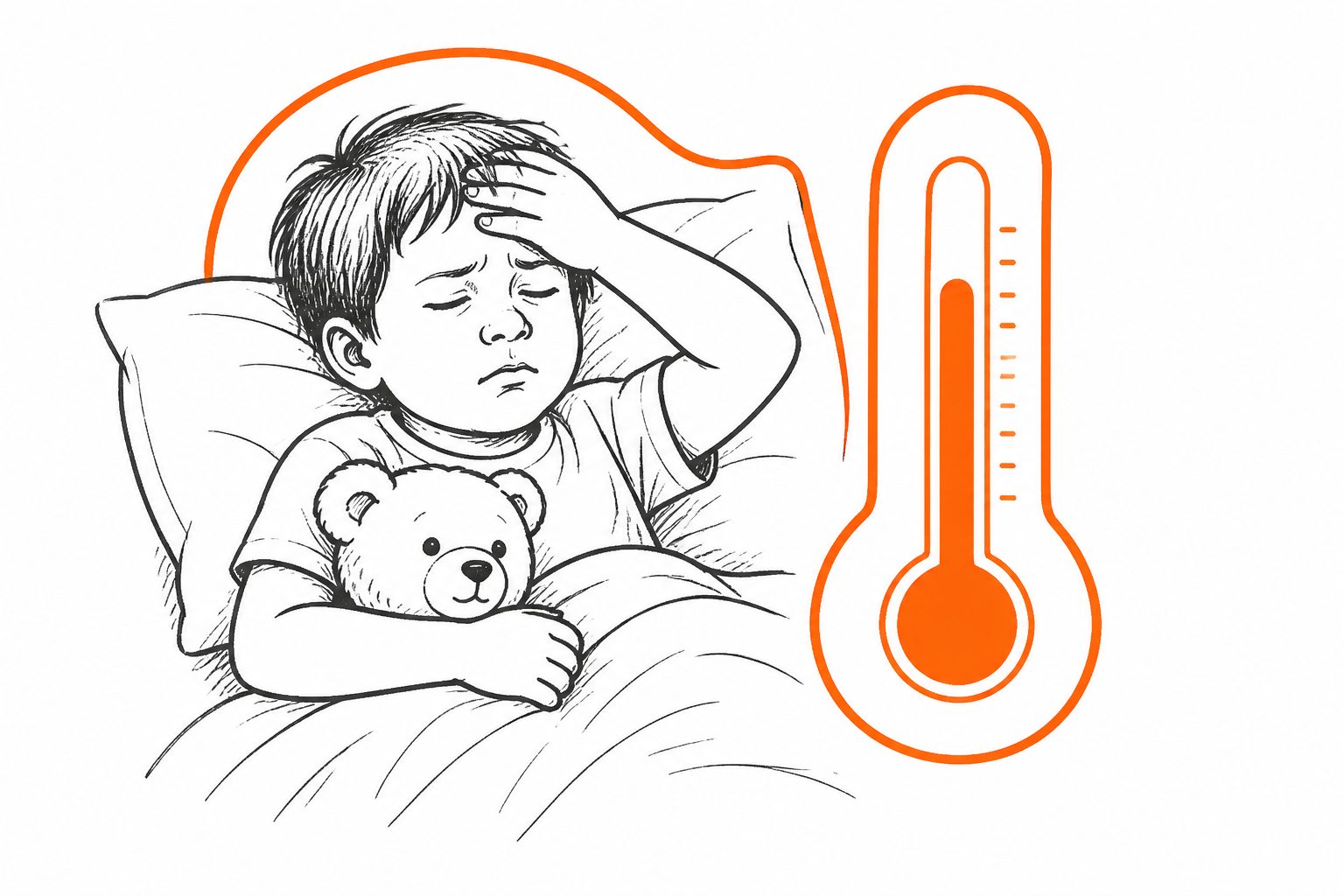 Abstract editorial illustration accompanying the article: Researchers define signs of fever-related discomfort in children