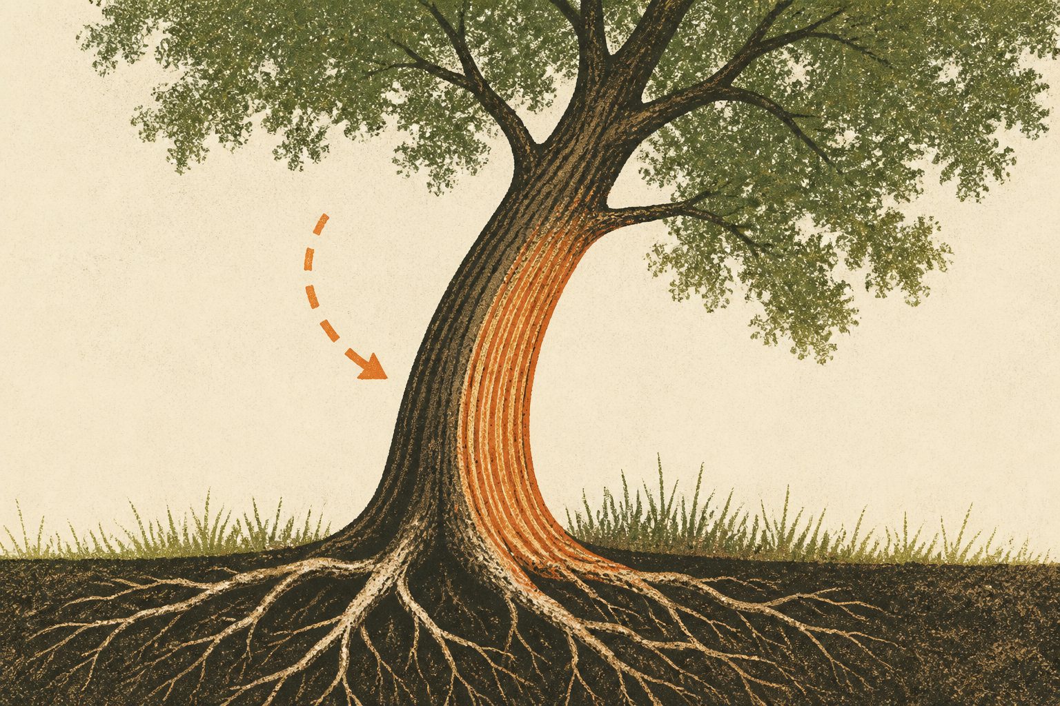 Abstract editorial illustration accompanying the article: Trees sense when they bend and grow wood to straighten themselves