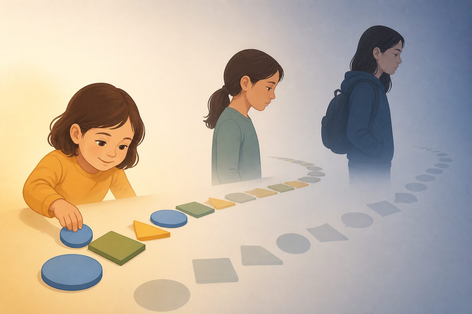 Abstract editorial illustration accompanying the article: Children’s ability to learn patterns declines from early childhood to adolescence