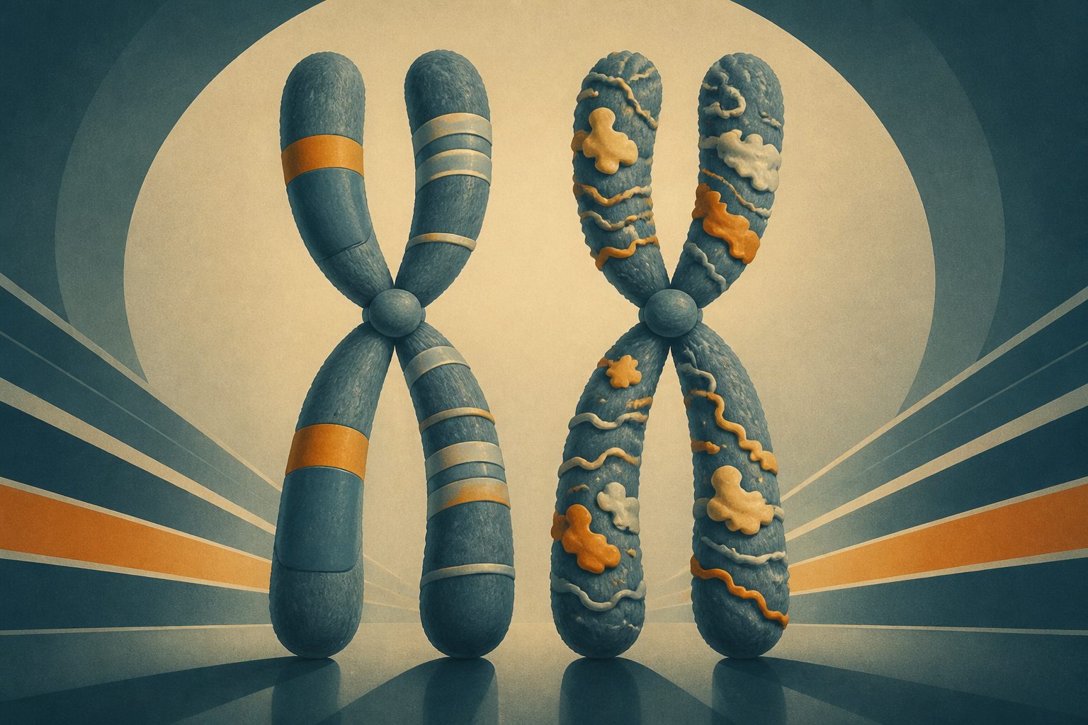 Abstract editorial illustration accompanying the article: Sister copies of human chromosomes are not arranged exactly alike
