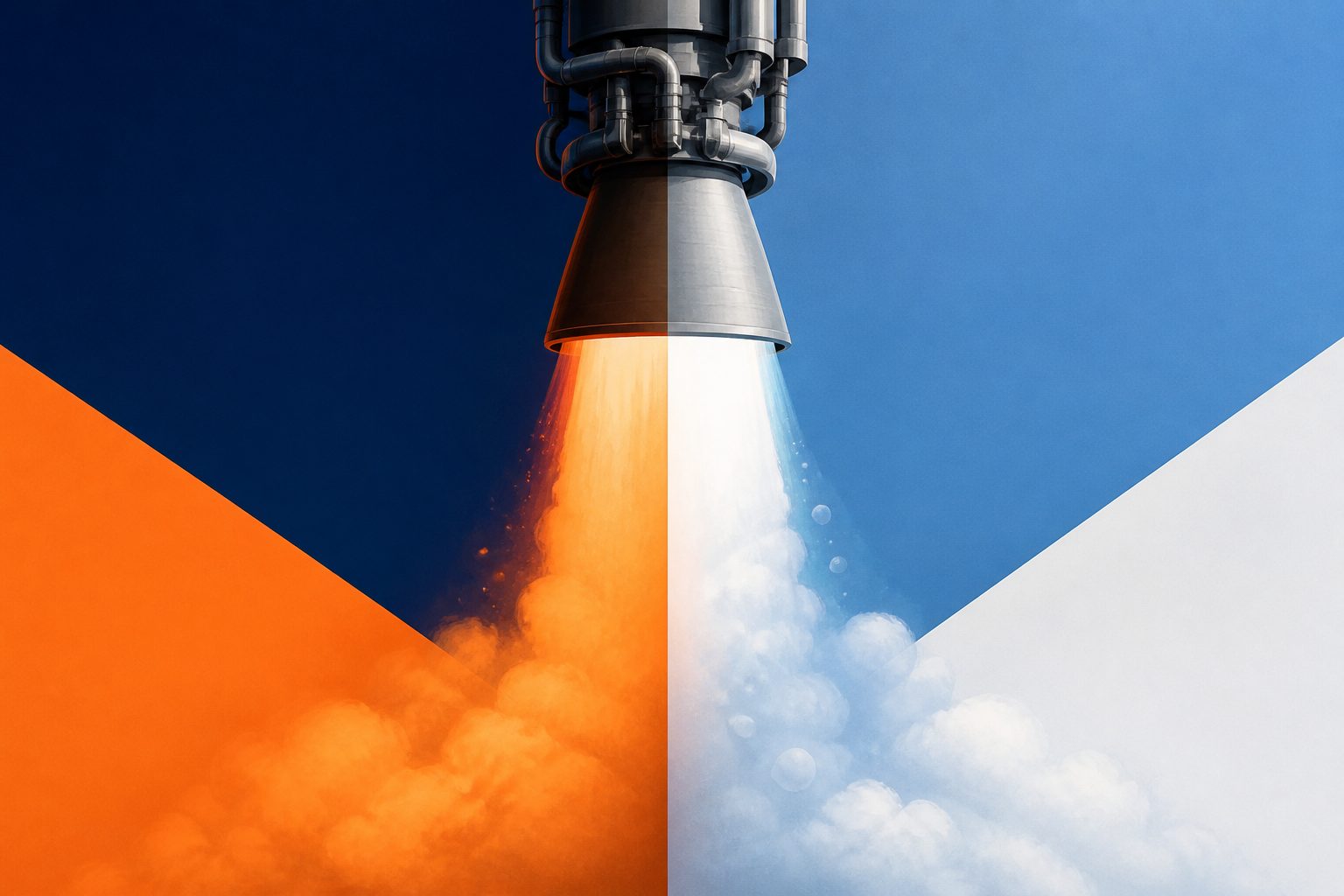 Abstract editorial illustration accompanying the article: Rocket engine design can change exhaust estimates used in climate models