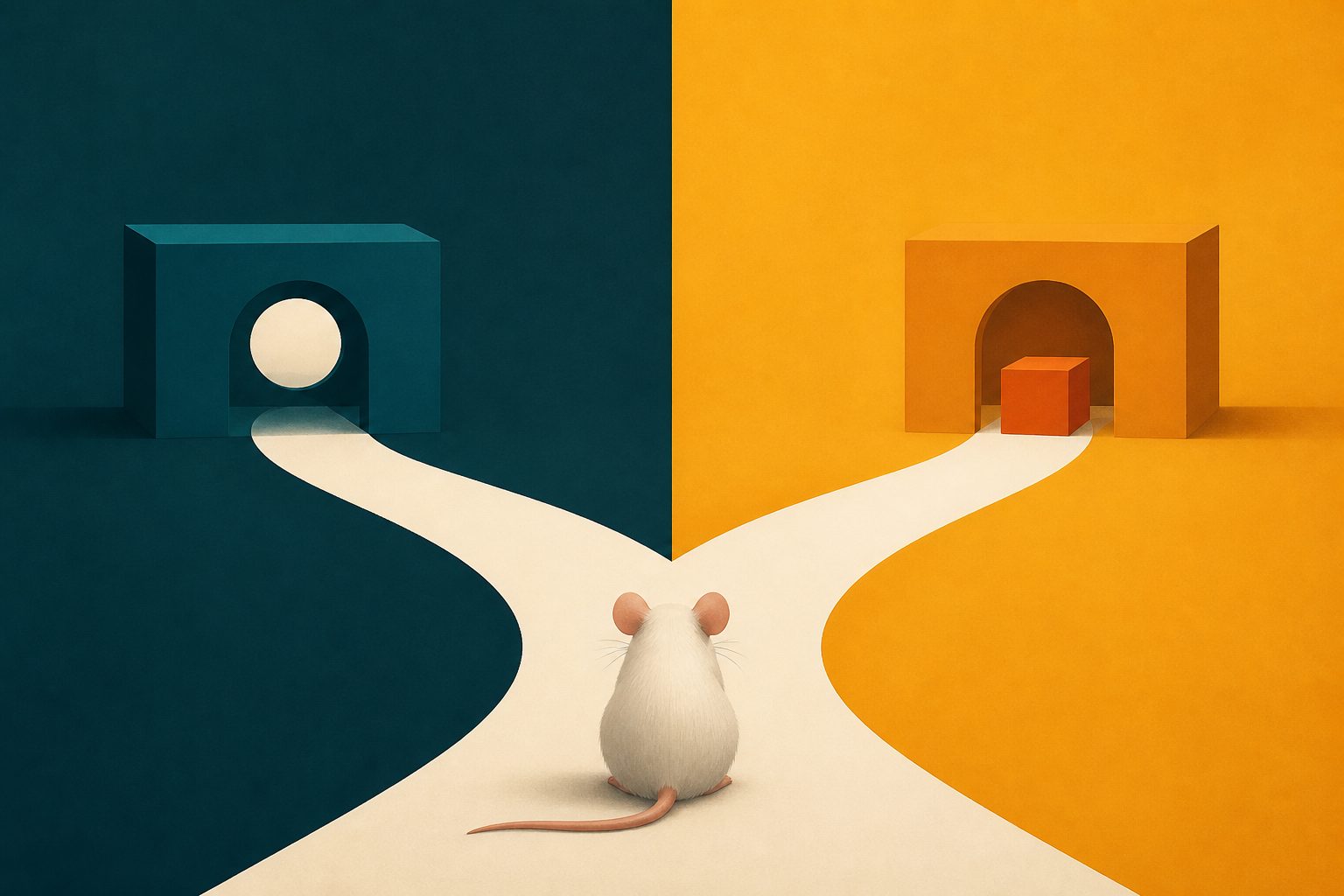 Abstract editorial illustration accompanying the article: How mice are trained early may shape their ability to learn new tasks