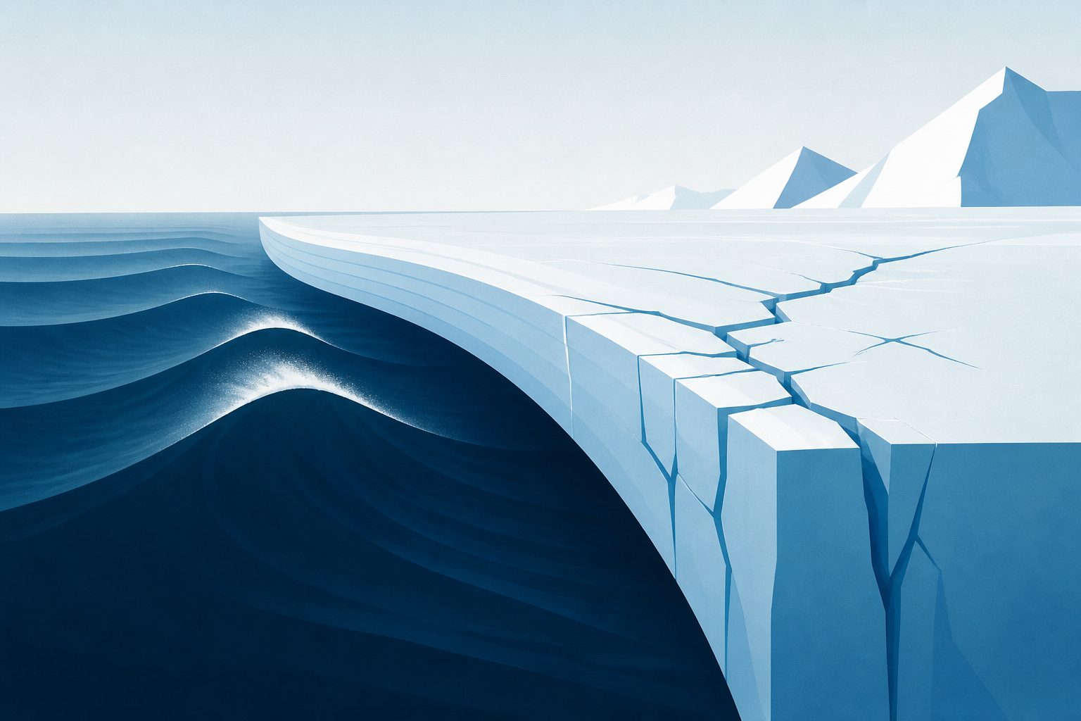 Abstract editorial illustration accompanying the article: Long ocean waves can make Antarctic ice shelves flex and stress fractures