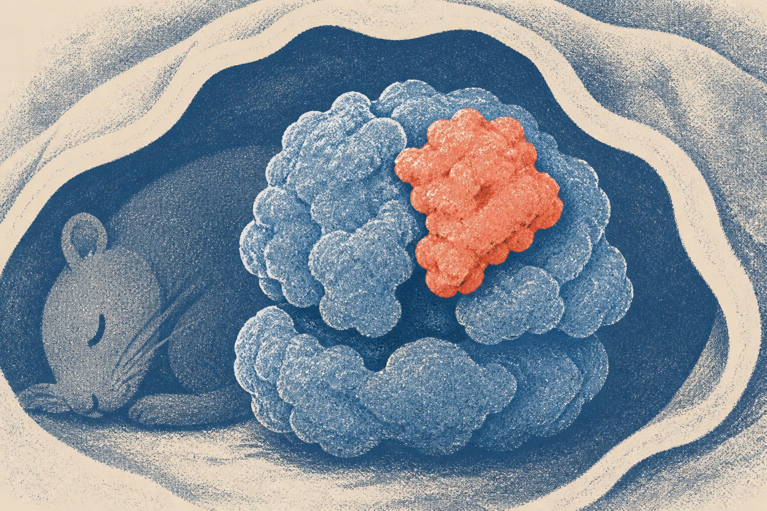 Abstract editorial illustration accompanying the article: One protein attaches to more than 95% of hibernating ribosomes