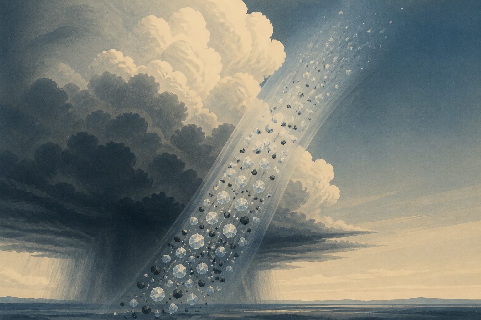 Abstract editorial illustration accompanying the article: Deep storm clouds carry more than 100 times the usual ice-forming particles upward