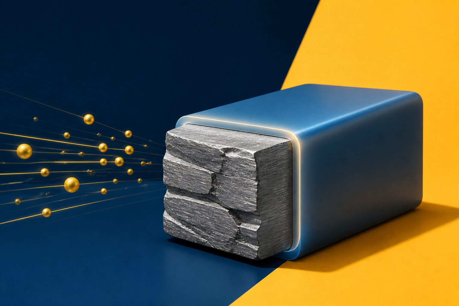 Abstract editorial illustration accompanying the article: Surface-treated sodium battery anode keeps 96.5% capacity after 5,000 cycles