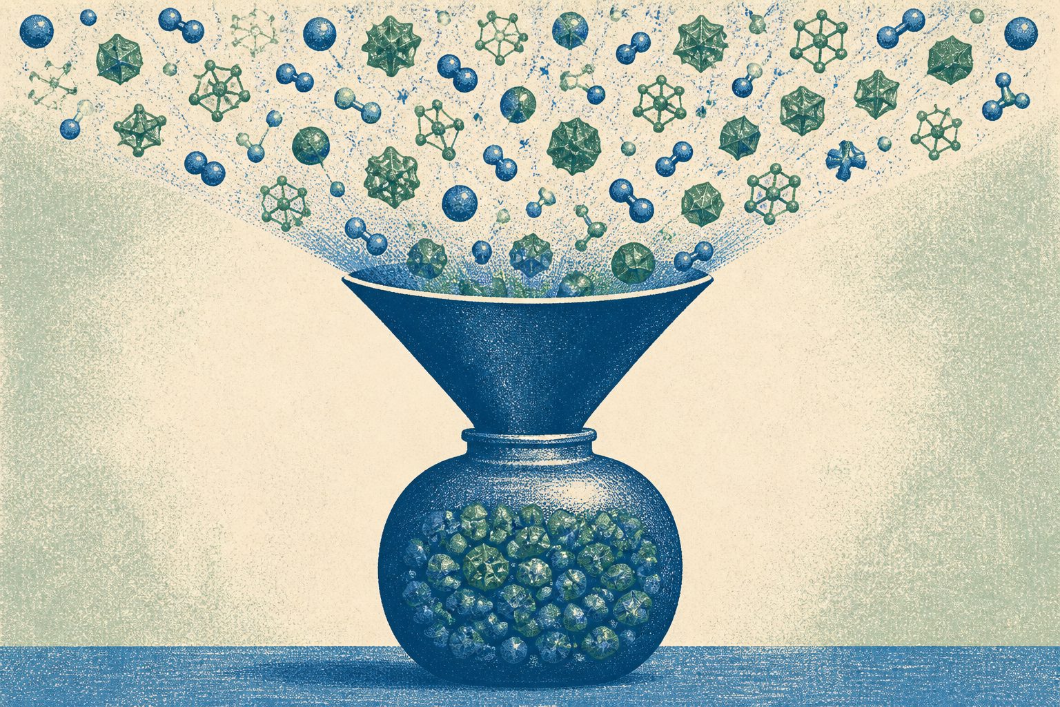 Abstract editorial illustration accompanying the article: A new database brings more than 30,000 hydrogen-storage entries together