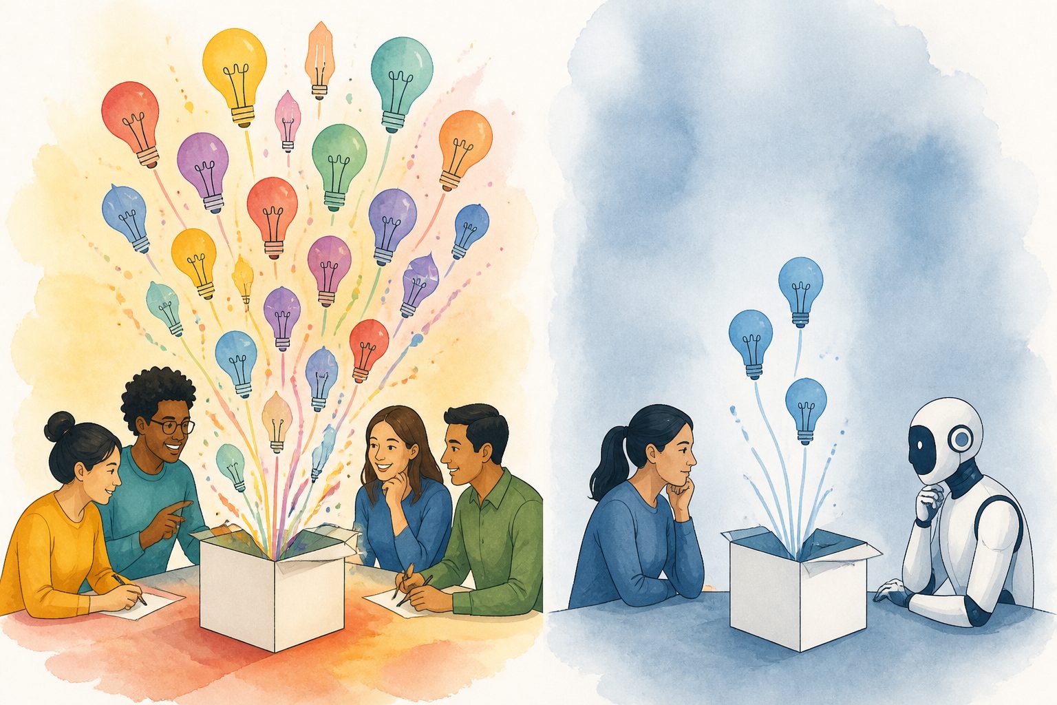 Abstract editorial illustration accompanying the article: Human teams produced more varied ideas than teams paired with AI