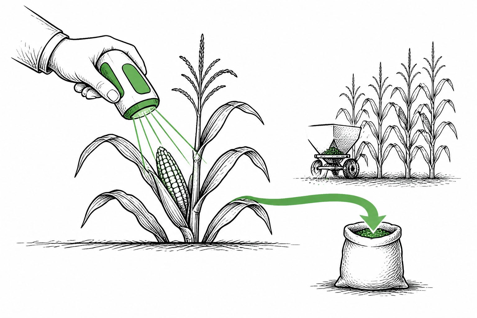 Abstract editorial illustration accompanying the article: Sensor-guided nitrogen cut fertilizer use without lowering maize yields