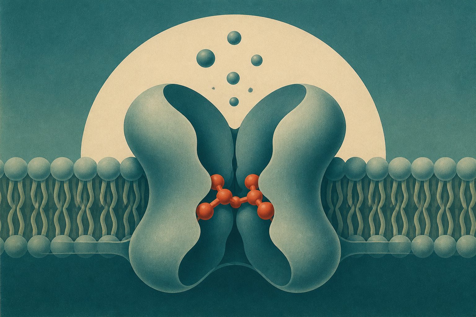 Abstract editorial illustration accompanying the article: How dantrolene binds and closes a calcium channel in malignant hyperthermia