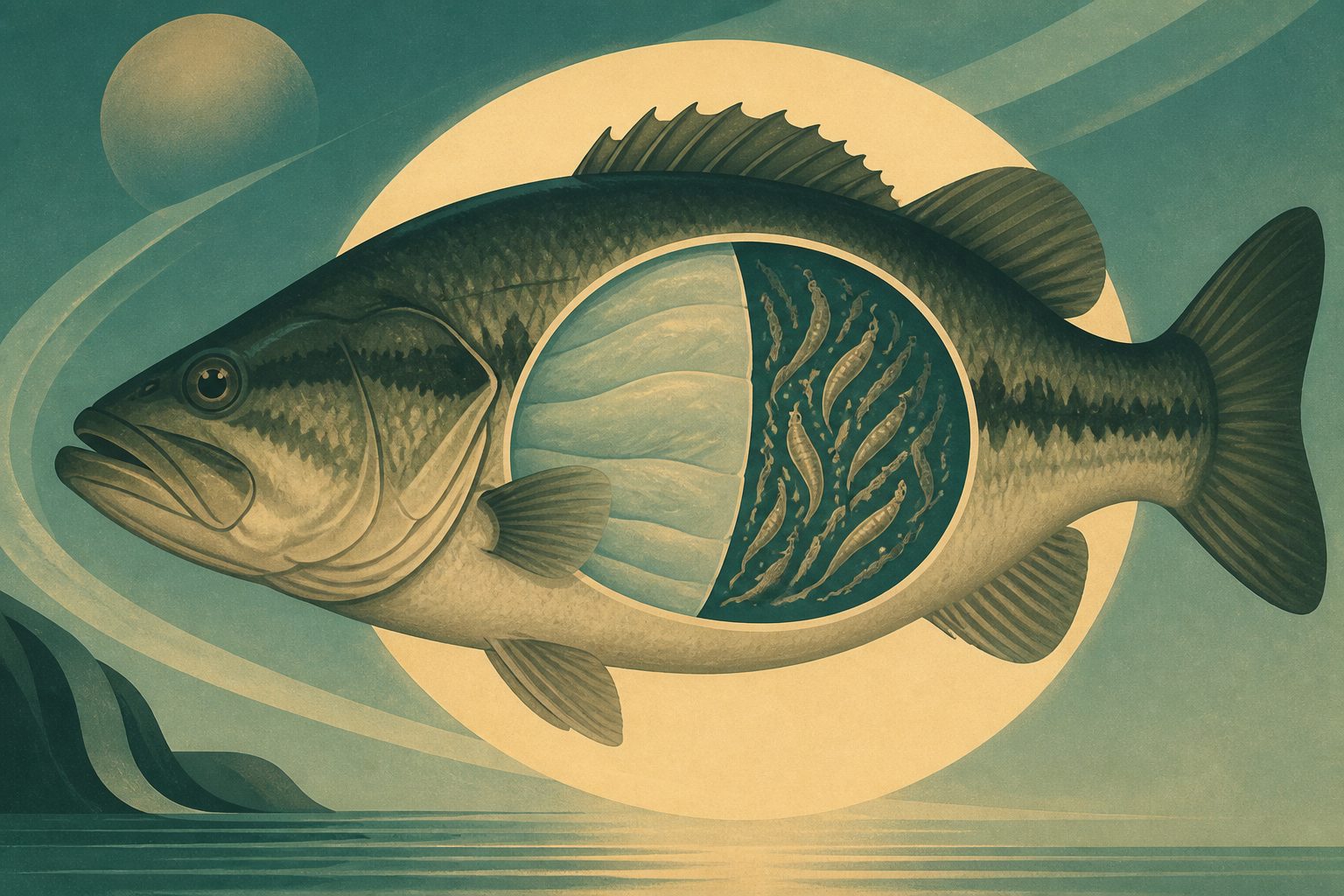 Abstract editorial illustration accompanying the article: Nutrient ratios in bass tissue tracked the abundance of a fish parasite