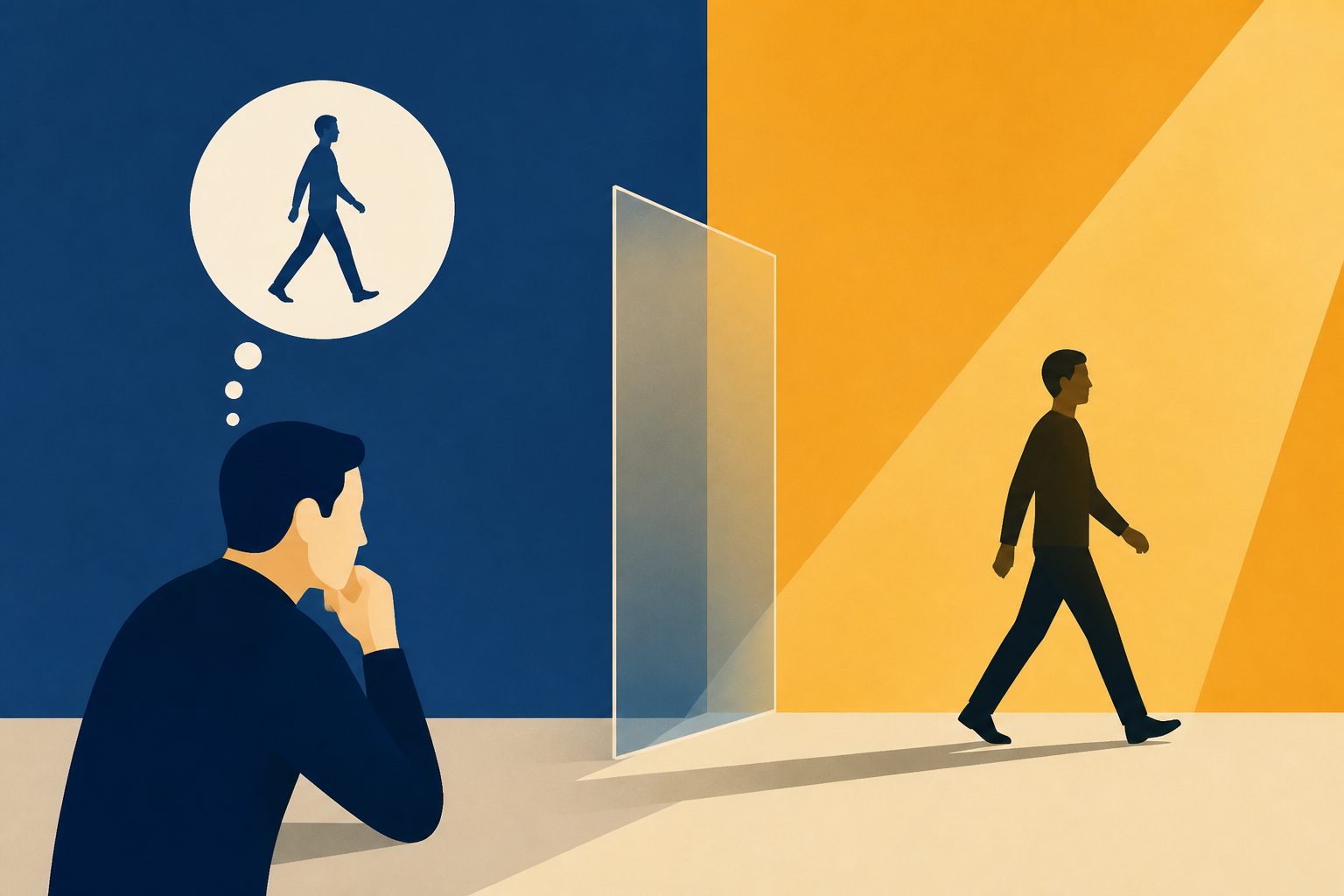 Abstract editorial illustration accompanying the article: Planning an action you never take can make it feel familiar later