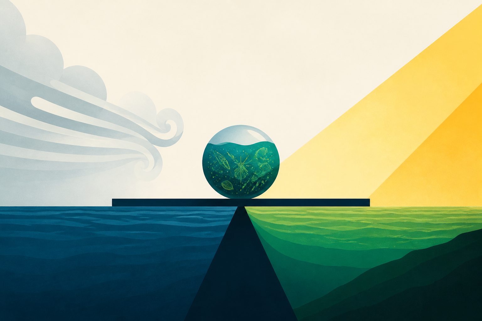 Abstract editorial illustration accompanying the article: Future ocean productivity depends on more than weakening winds
