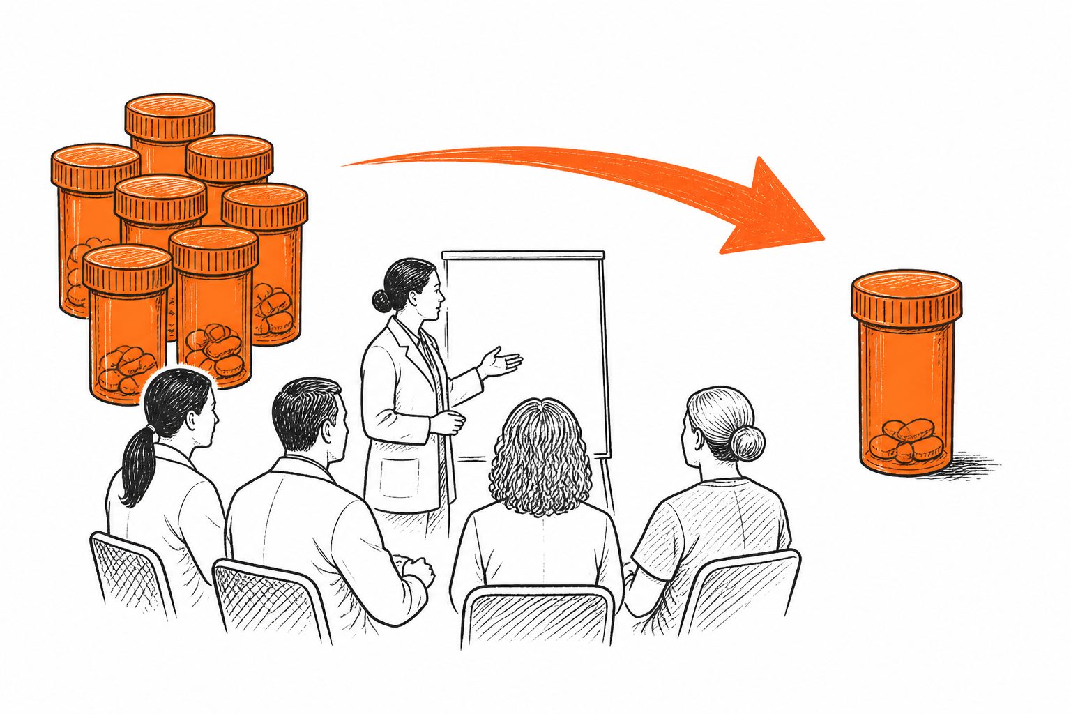 Abstract editorial illustration accompanying the article: Researchers report fewer opioid prescriptions after a practice-wide education effort