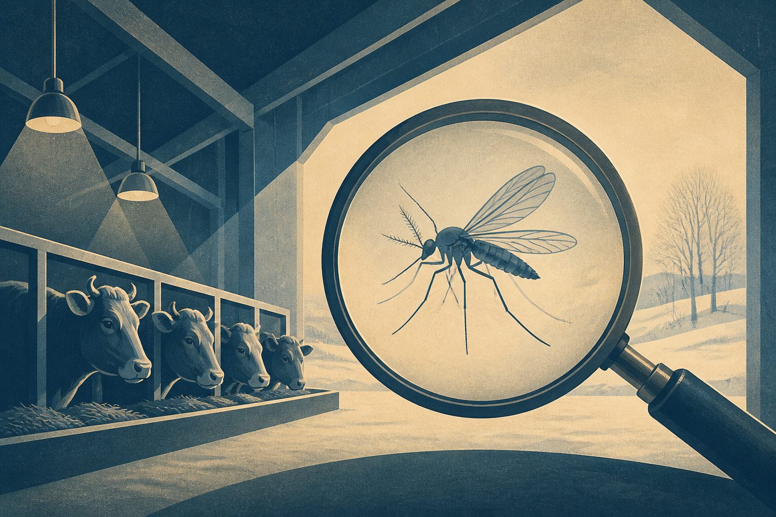 Abstract editorial illustration accompanying the article: Winter midges in German barns rarely tested positive for bluetongue virus