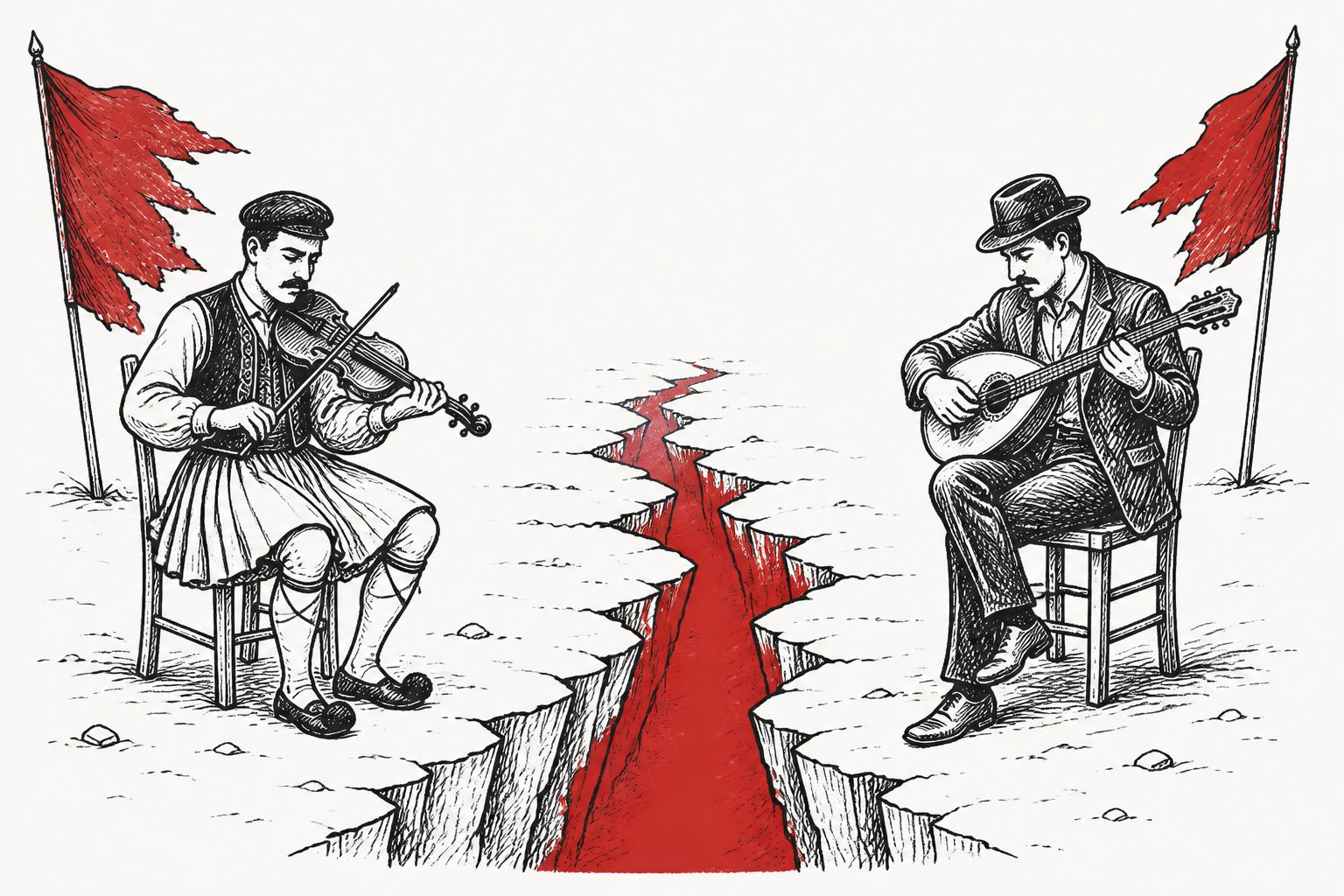 Abstract editorial illustration accompanying the article: In Greece’s national split, violence pushed musicians into partisan music