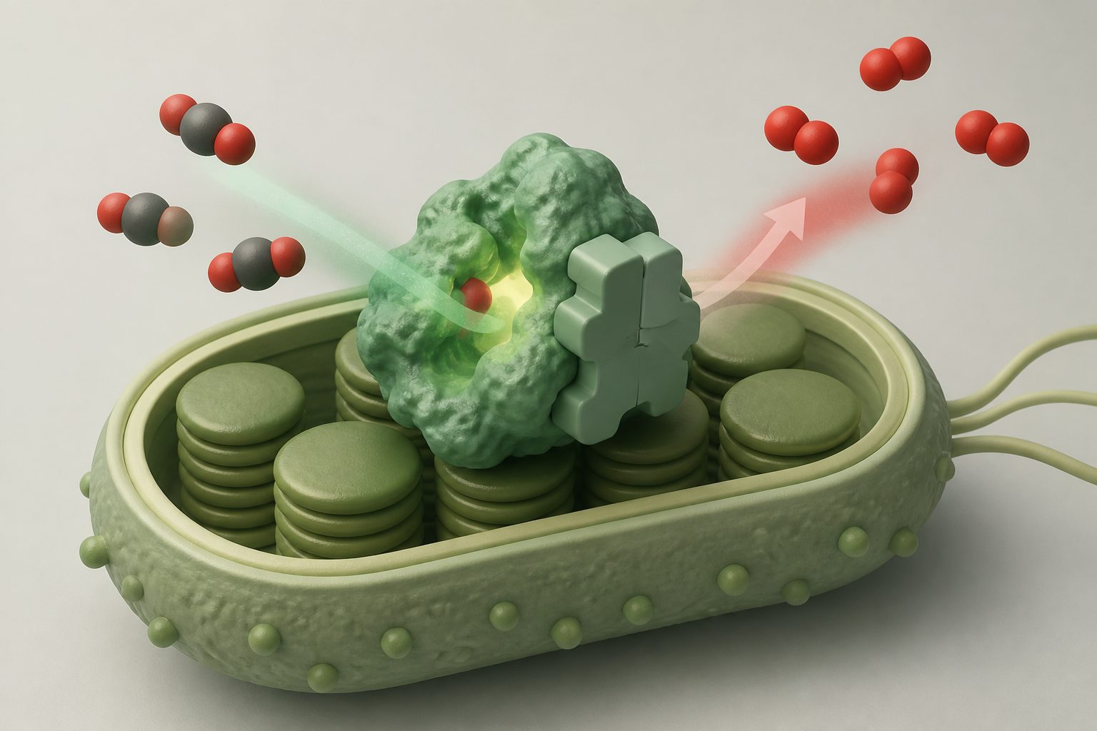 Abstract editorial illustration accompanying the article: An engineered carbon-fixing enzyme made bacterial photosynthesis less sensitive to oxygen